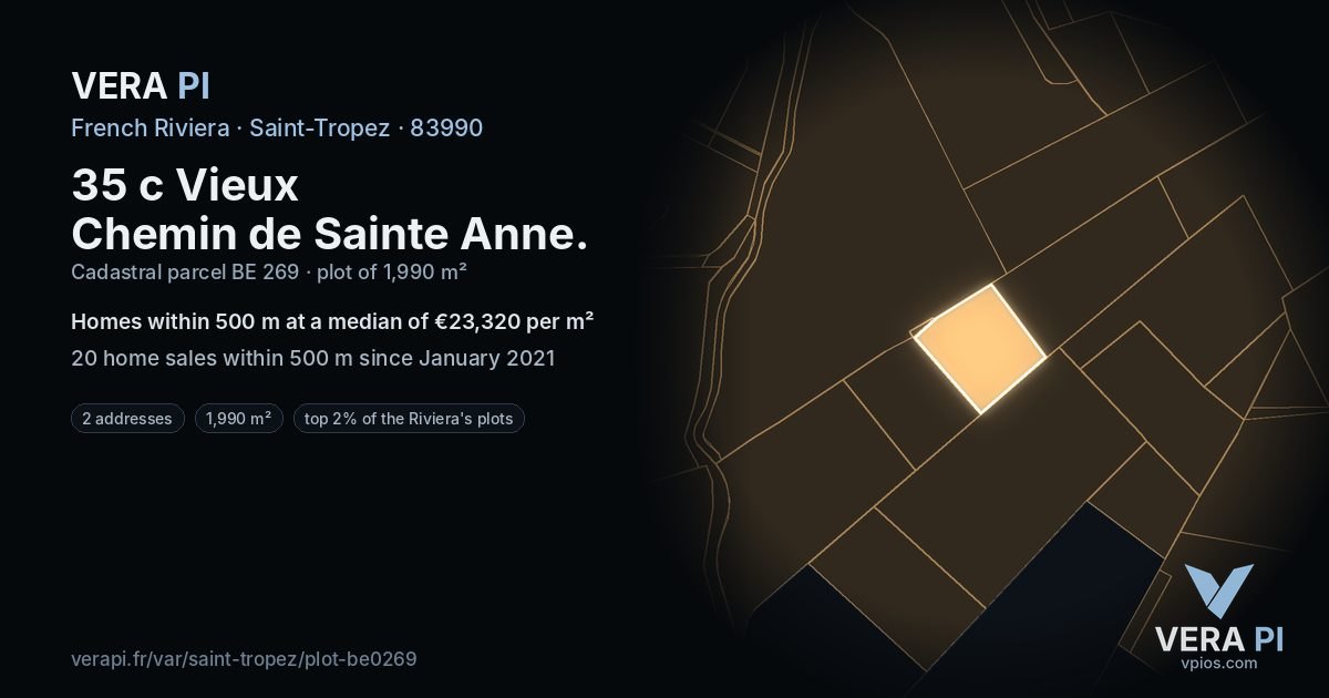 35 c Vieux Chemin de Sainte Anne, Saint-Tropez at night – the plot lit, the parcels around coloured by the prices near them
