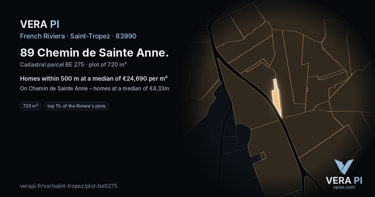 89 Chemin de Sainte Anne, Saint-Tropez at night – the plot lit, the parcels around coloured by the prices near them