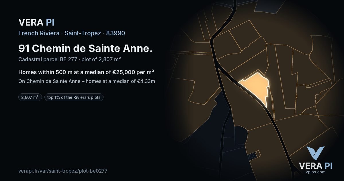 91 Chemin de Sainte Anne, Saint-Tropez at night – the plot lit, the parcels around coloured by the prices near them