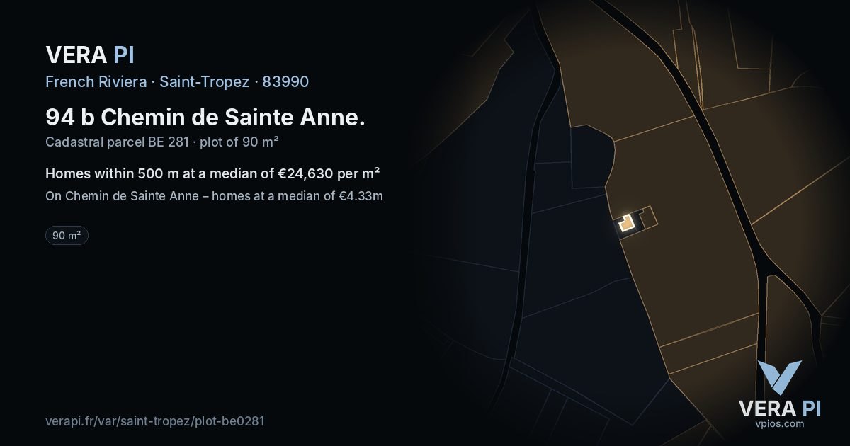 94 b Chemin de Sainte Anne, Saint-Tropez at night – the plot lit, the parcels around coloured by the prices near them