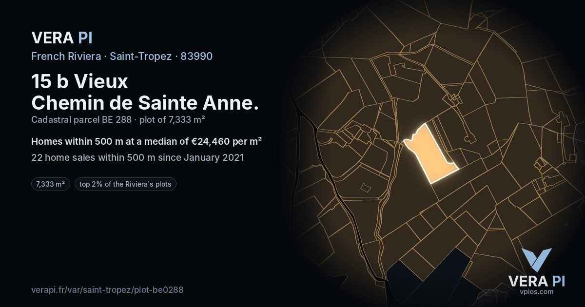 15 b Vieux Chemin de Sainte Anne, Saint-Tropez at night – the plot lit, the parcels around coloured by the prices near them