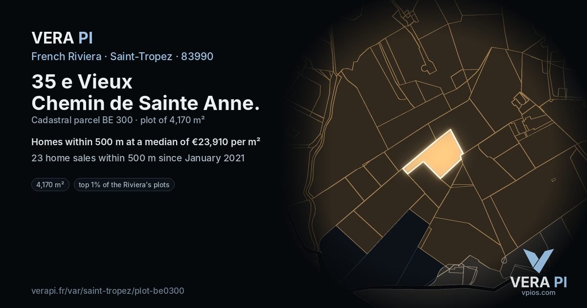 35 e Vieux Chemin de Sainte Anne, Saint-Tropez at night – the plot lit, the parcels around coloured by the prices near them