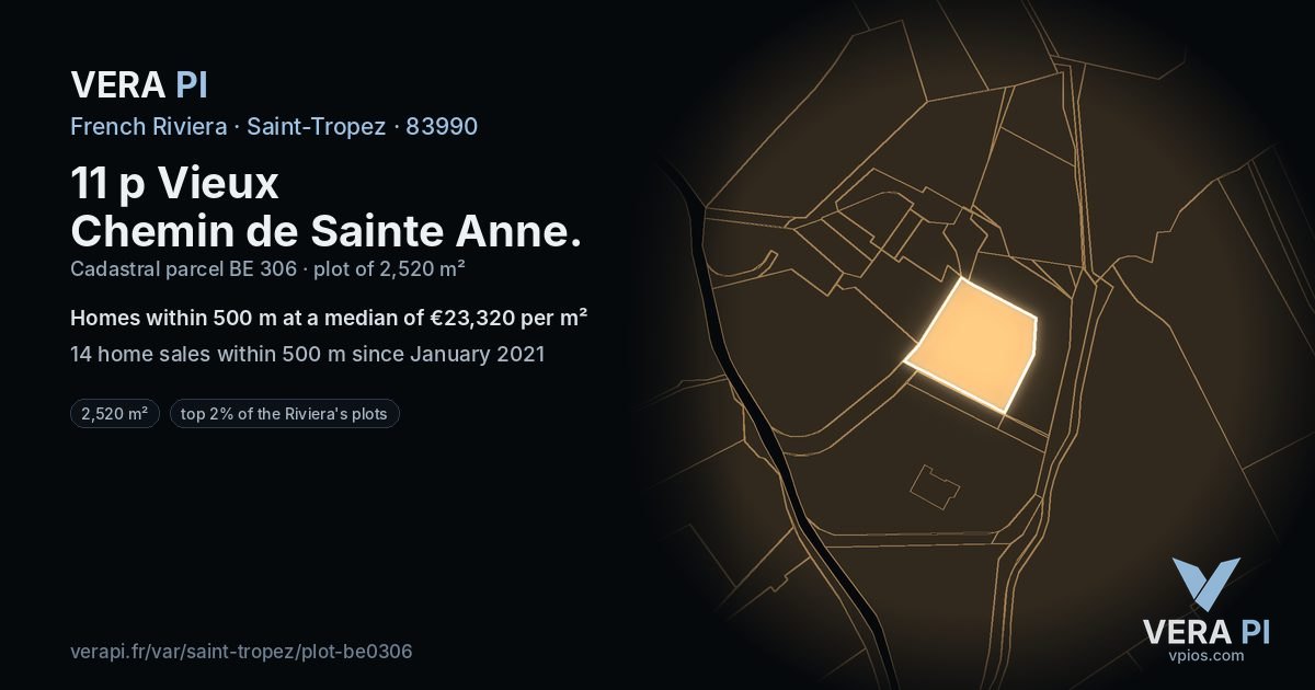 11 p Vieux Chemin de Sainte Anne, Saint-Tropez at night – the plot lit, the parcels around coloured by the prices near them