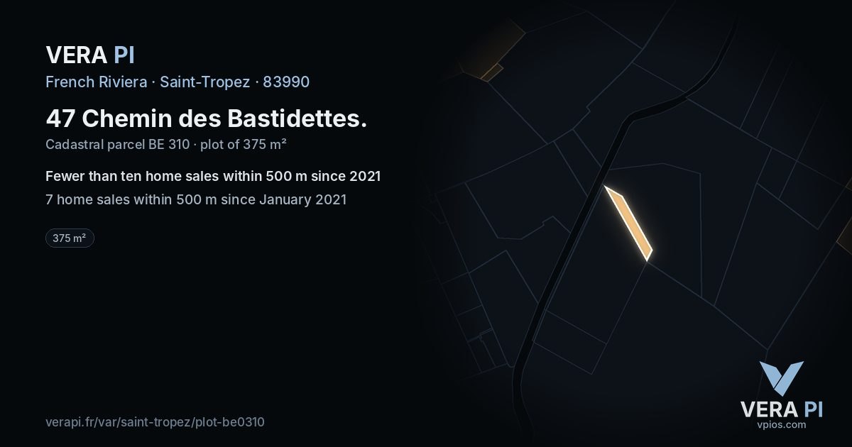 47 Chemin des Bastidettes, Saint-Tropez at night – the plot lit, the parcels around coloured by the prices near them