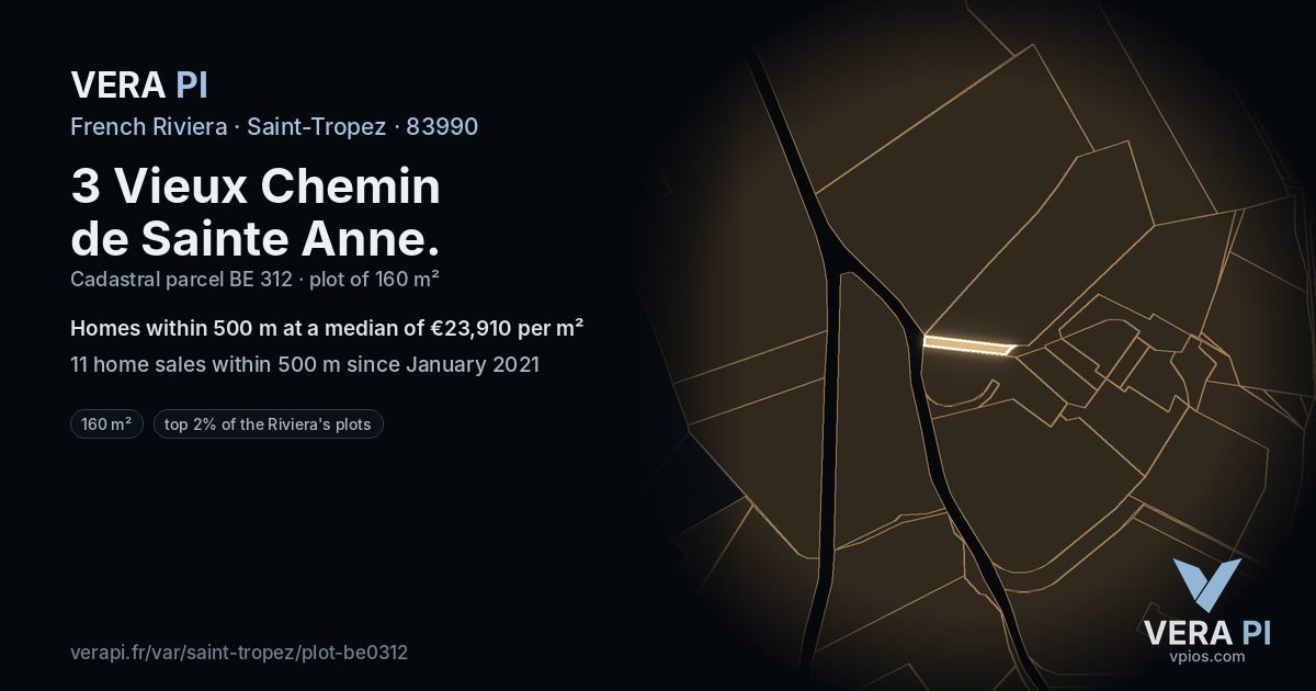 3 Vieux Chemin de Sainte Anne, Saint-Tropez at night – the plot lit, the parcels around coloured by the prices near them
