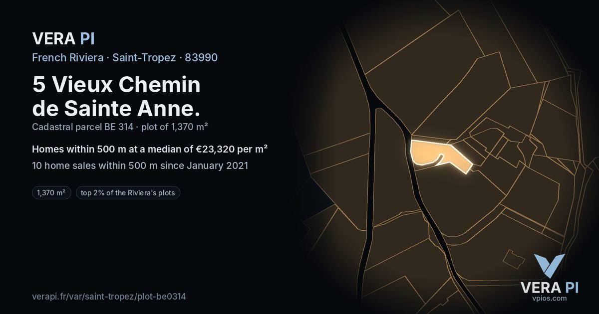 5 Vieux Chemin de Sainte Anne, Saint-Tropez at night – the plot lit, the parcels around coloured by the prices near them