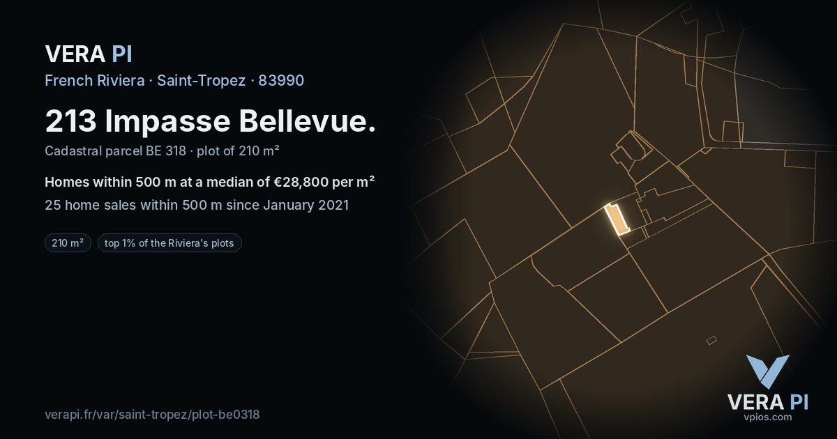 213 Impasse Bellevue, Saint-Tropez at night – the plot lit, the parcels around coloured by the prices near them