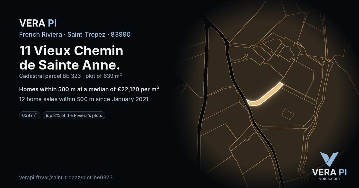 11 Vieux Chemin de Sainte Anne, Saint-Tropez at night – the plot lit, the parcels around coloured by the prices near them