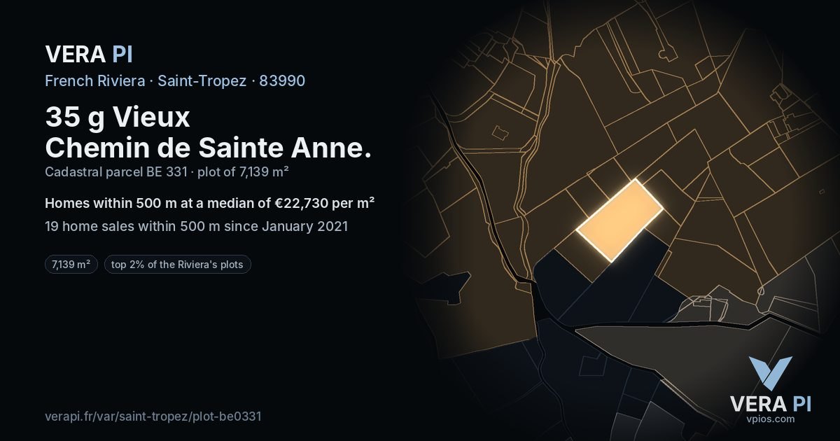 35 g Vieux Chemin de Sainte Anne, Saint-Tropez at night – the plot lit, the parcels around coloured by the prices near them
