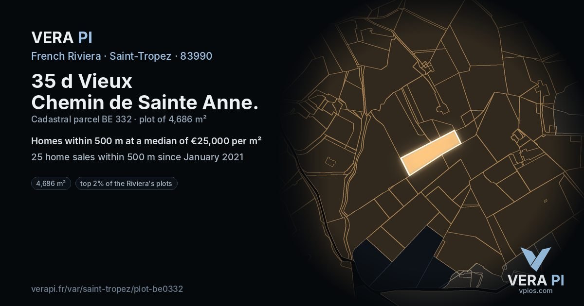 35 d Vieux Chemin de Sainte Anne, Saint-Tropez at night – the plot lit, the parcels around coloured by the prices near them