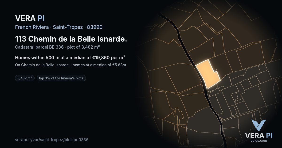 113 Chemin de la Belle Isnarde, Saint-Tropez at night – the plot lit, the parcels around coloured by the prices near them