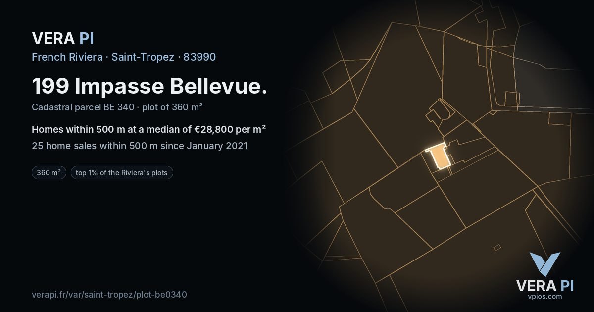 199 Impasse Bellevue, Saint-Tropez at night – the plot lit, the parcels around coloured by the prices near them