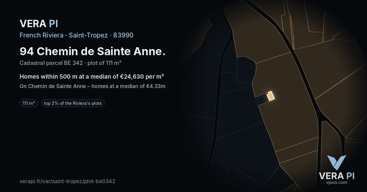 94 Chemin de Sainte Anne, Saint-Tropez at night – the plot lit, the parcels around coloured by the prices near them
