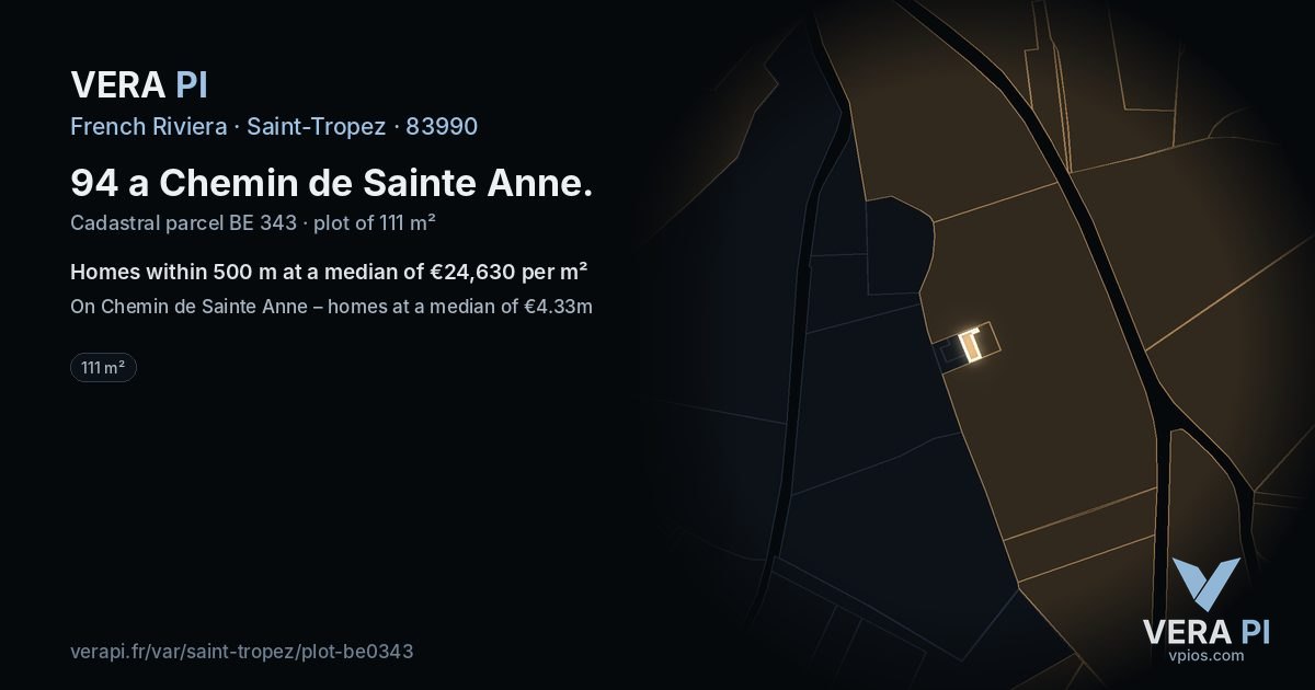 94 a Chemin de Sainte Anne, Saint-Tropez at night – the plot lit, the parcels around coloured by the prices near them