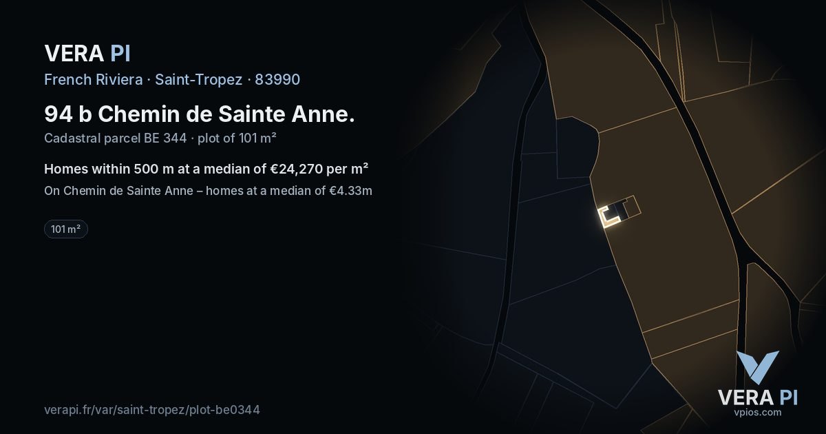 94 b Chemin de Sainte Anne, Saint-Tropez at night – the plot lit, the parcels around coloured by the prices near them
