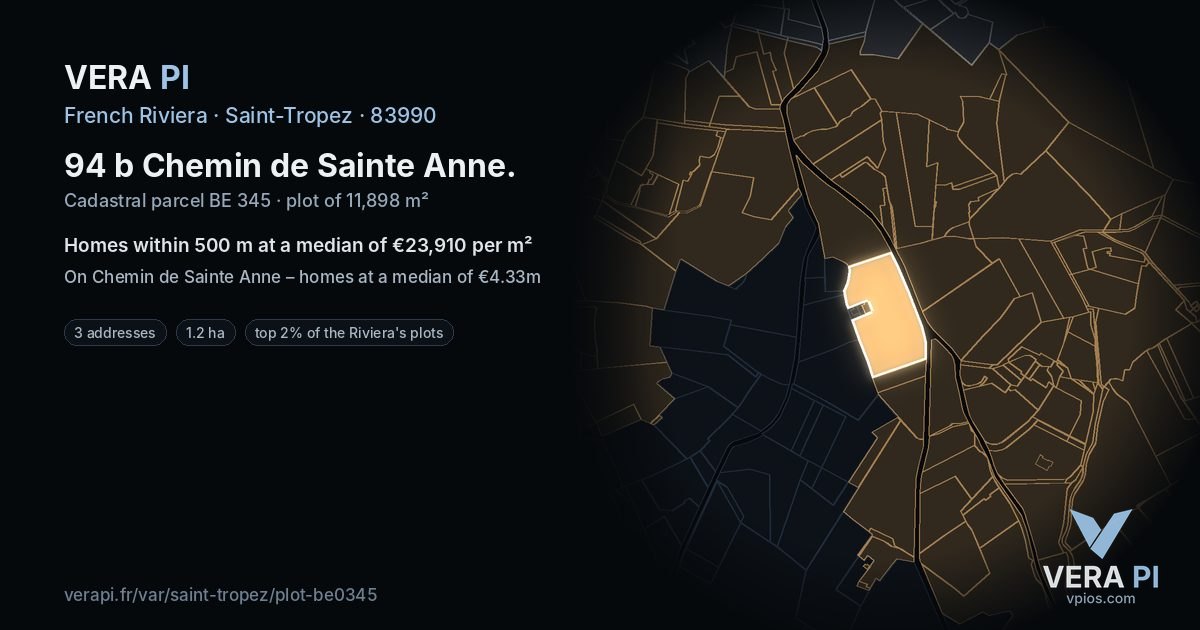 94 b Chemin de Sainte Anne, Saint-Tropez at night – the plot lit, the parcels around coloured by the prices near them