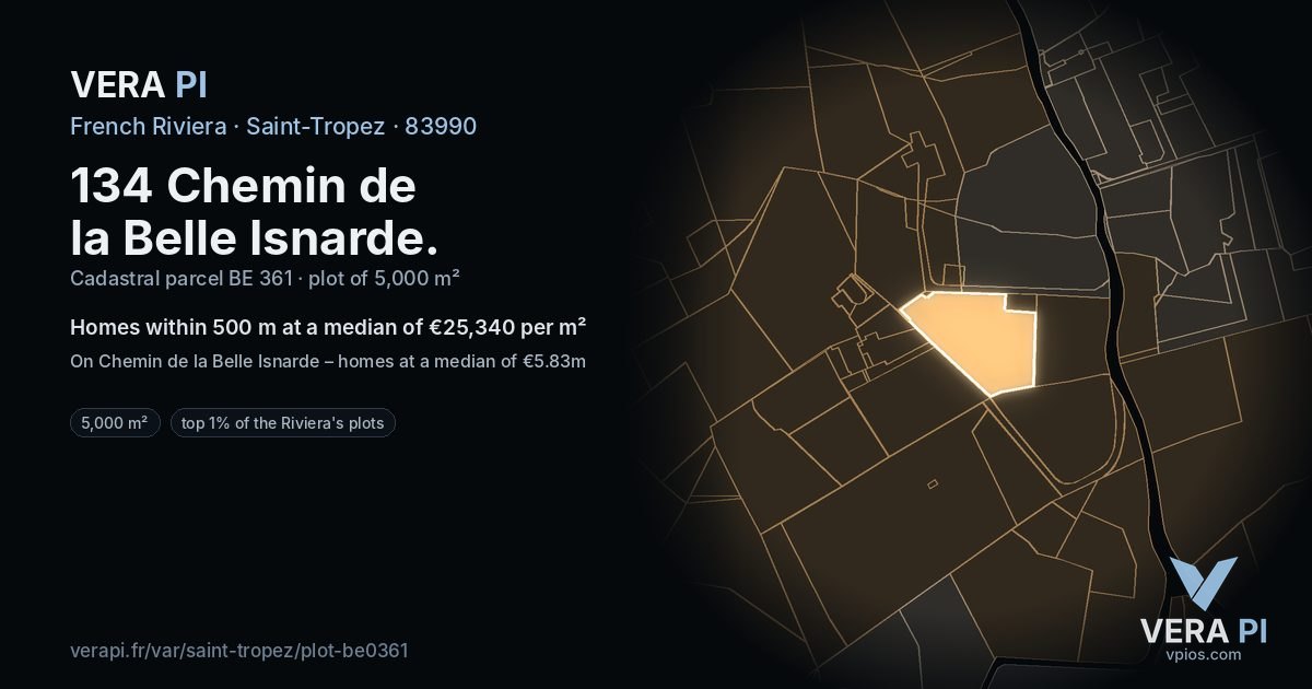 134 Chemin de la Belle Isnarde, Saint-Tropez at night – the plot lit, the parcels around coloured by the prices near them