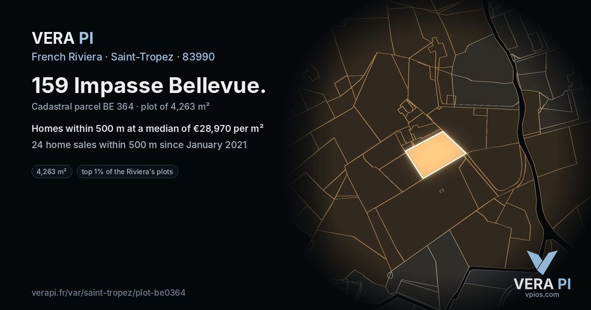 159 Impasse Bellevue, Saint-Tropez at night – the plot lit, the parcels around coloured by the prices near them
