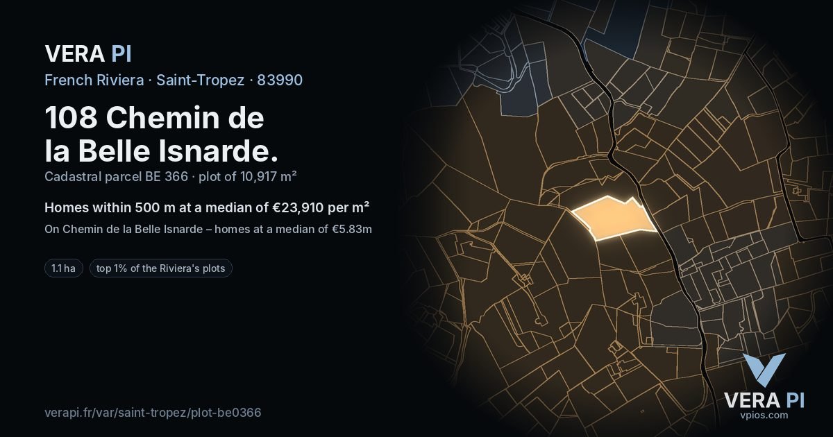 108 Chemin de la Belle Isnarde, Saint-Tropez at night – the plot lit, the parcels around coloured by the prices near them