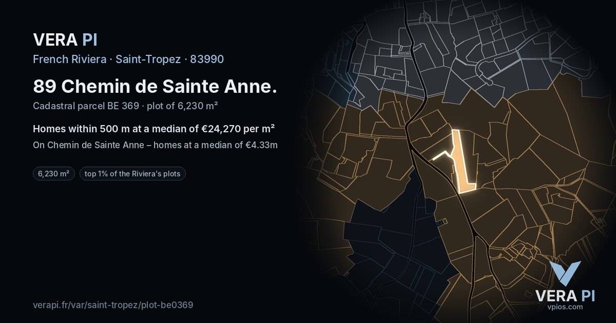 89 Chemin de Sainte Anne, Saint-Tropez at night – the plot lit, the parcels around coloured by the prices near them