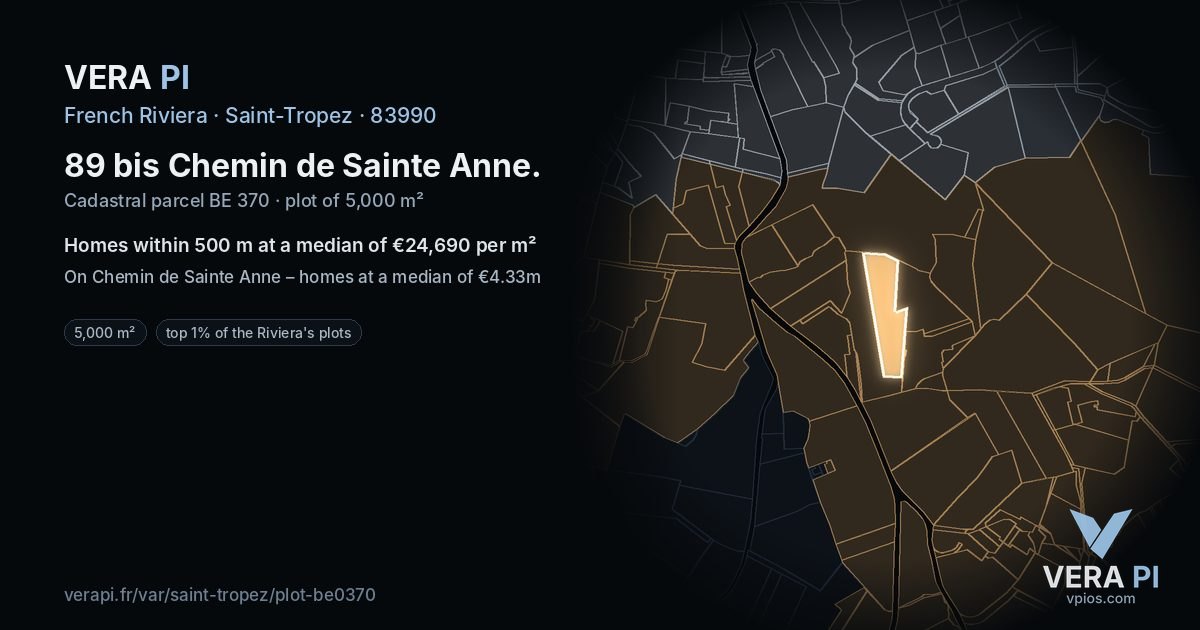 89 bis Chemin de Sainte Anne, Saint-Tropez at night – the plot lit, the parcels around coloured by the prices near them