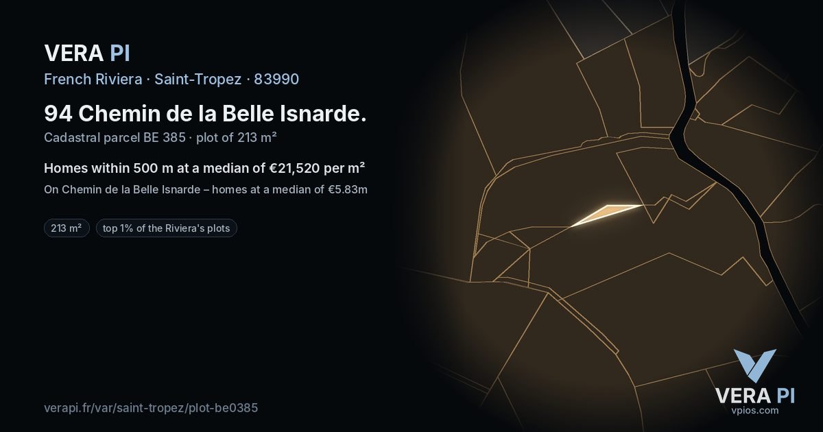 94 Chemin de la Belle Isnarde, Saint-Tropez at night – the plot lit, the parcels around coloured by the prices near them