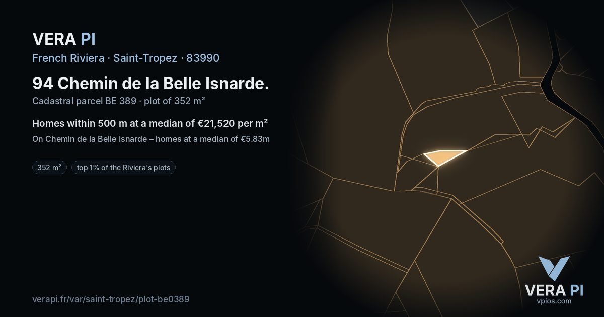 94 Chemin de la Belle Isnarde, Saint-Tropez at night – the plot lit, the parcels around coloured by the prices near them