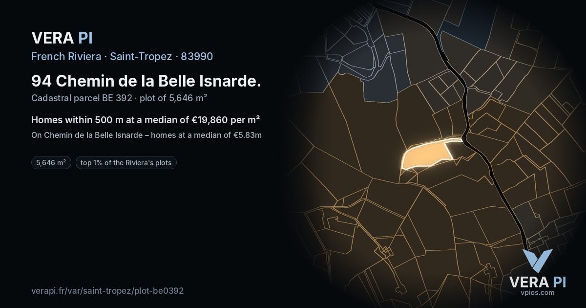 94 Chemin de la Belle Isnarde, Saint-Tropez at night – the plot lit, the parcels around coloured by the prices near them