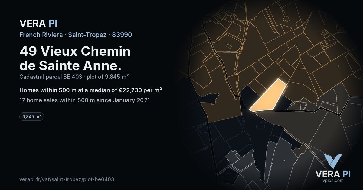49 Vieux Chemin de Sainte Anne, Saint-Tropez at night – the plot lit, the parcels around coloured by the prices near them