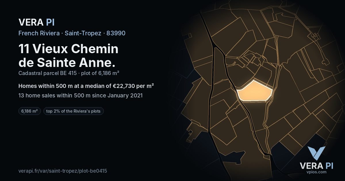 11 Vieux Chemin de Sainte Anne, Saint-Tropez at night – the plot lit, the parcels around coloured by the prices near them