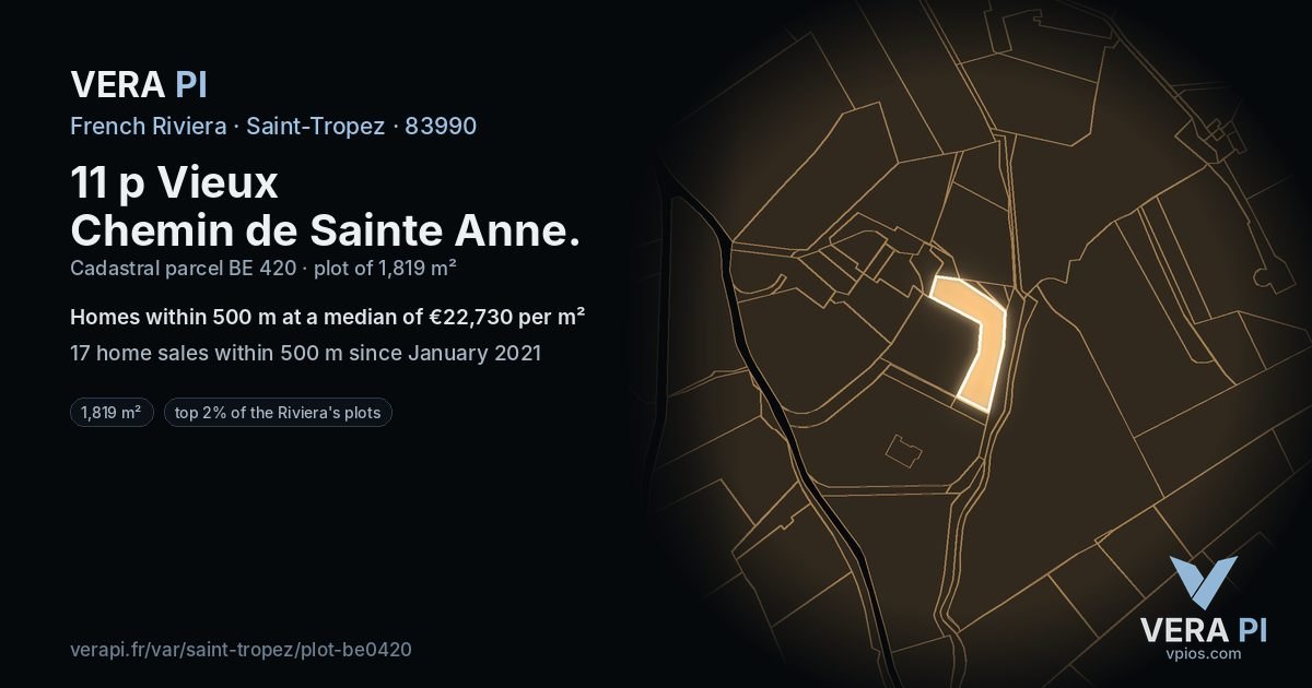 11 p Vieux Chemin de Sainte Anne, Saint-Tropez at night – the plot lit, the parcels around coloured by the prices near them