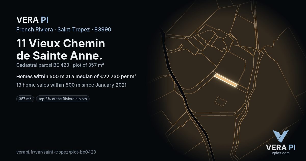 11 Vieux Chemin de Sainte Anne, Saint-Tropez at night – the plot lit, the parcels around coloured by the prices near them