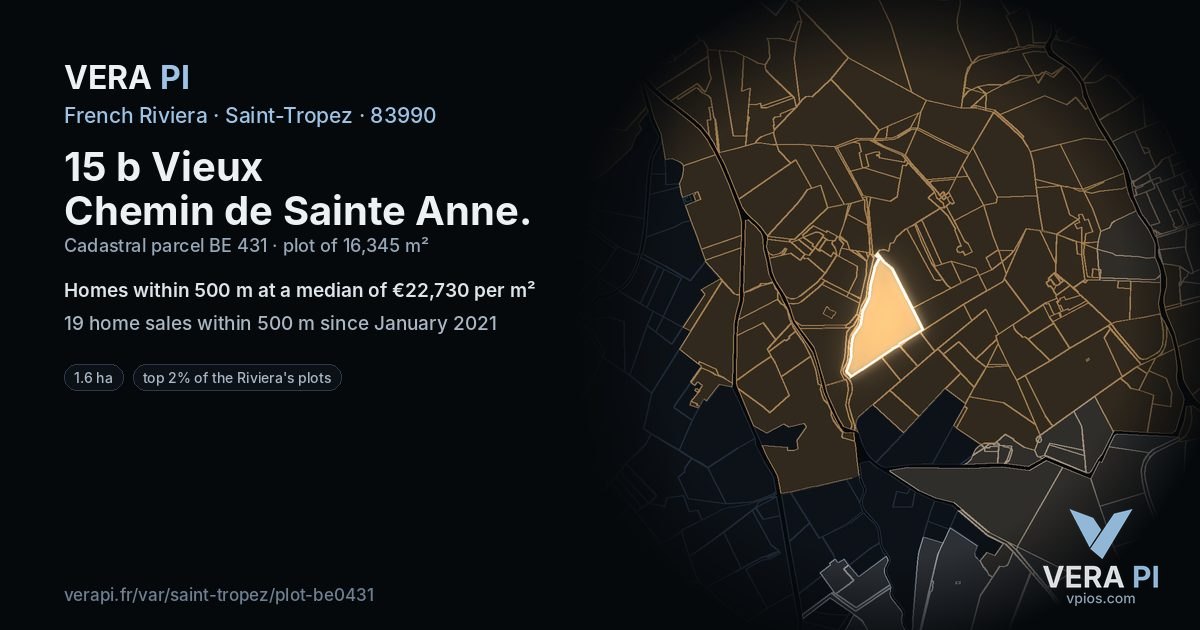 15 b Vieux Chemin de Sainte Anne, Saint-Tropez at night – the plot lit, the parcels around coloured by the prices near them