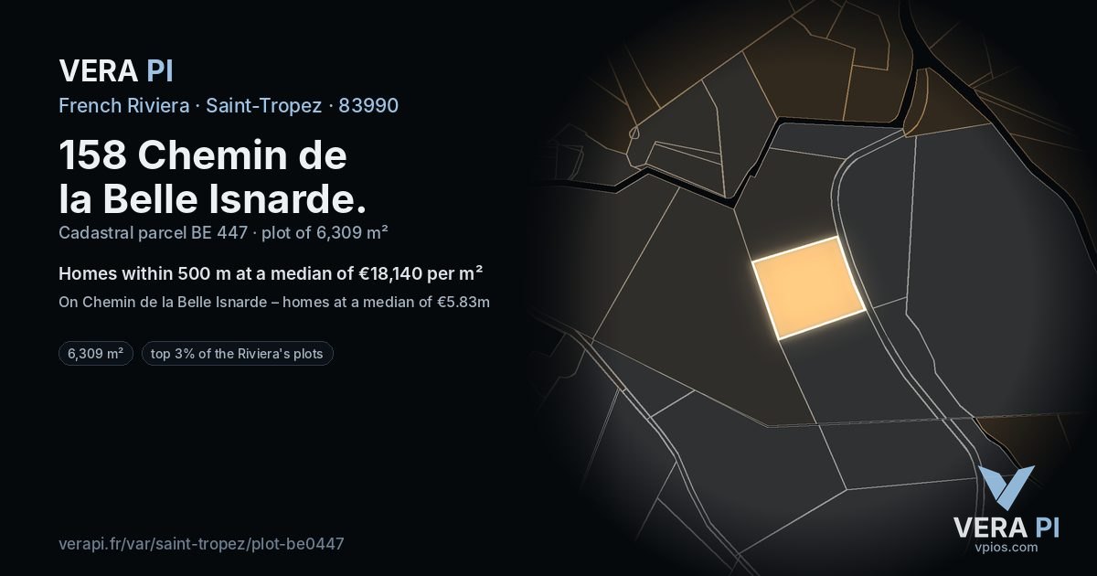 158 Chemin de la Belle Isnarde, Saint-Tropez at night – the plot lit, the parcels around coloured by the prices near them