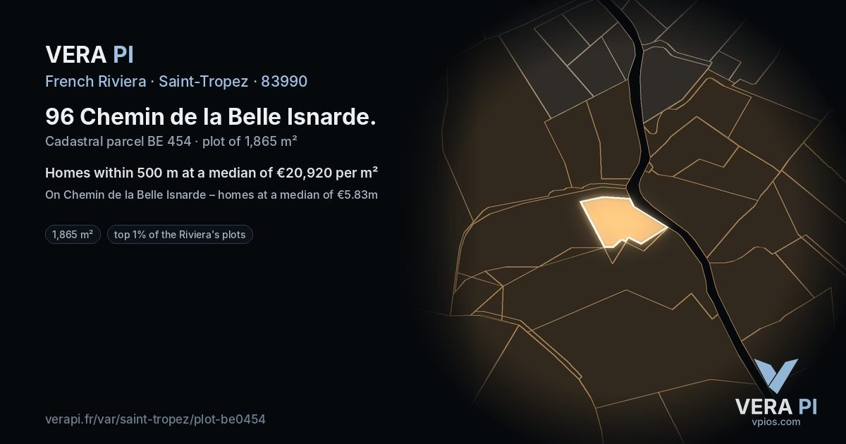 96 Chemin de la Belle Isnarde, Saint-Tropez at night – the plot lit, the parcels around coloured by the prices near them