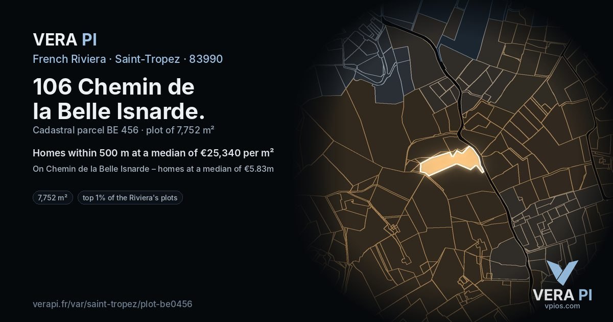 106 Chemin de la Belle Isnarde, Saint-Tropez at night – the plot lit, the parcels around coloured by the prices near them