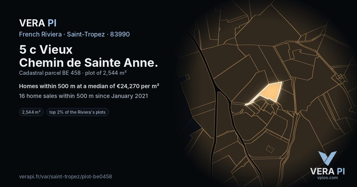 5 c Vieux Chemin de Sainte Anne, Saint-Tropez at night – the plot lit, the parcels around coloured by the prices near them