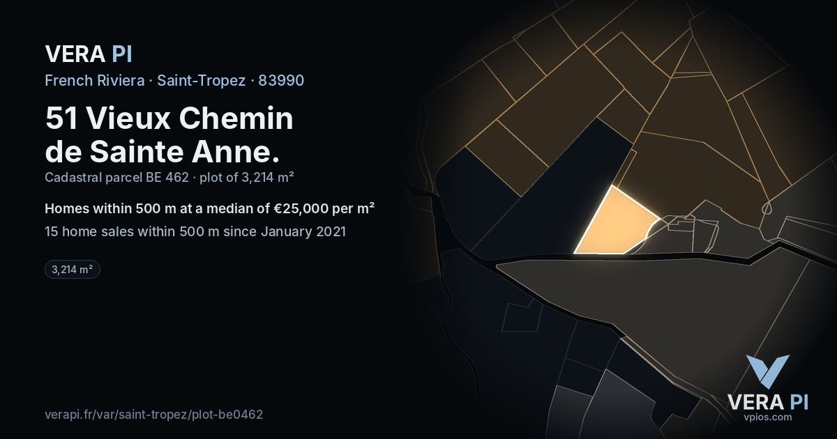 51 Vieux Chemin de Sainte Anne, Saint-Tropez at night – the plot lit, the parcels around coloured by the prices near them