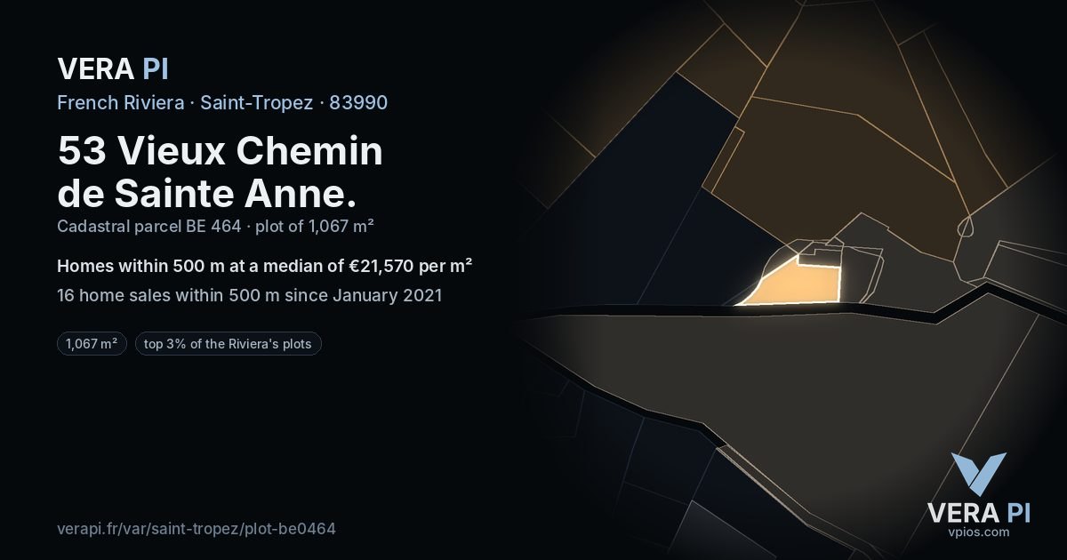 53 Vieux Chemin de Sainte Anne, Saint-Tropez at night – the plot lit, the parcels around coloured by the prices near them
