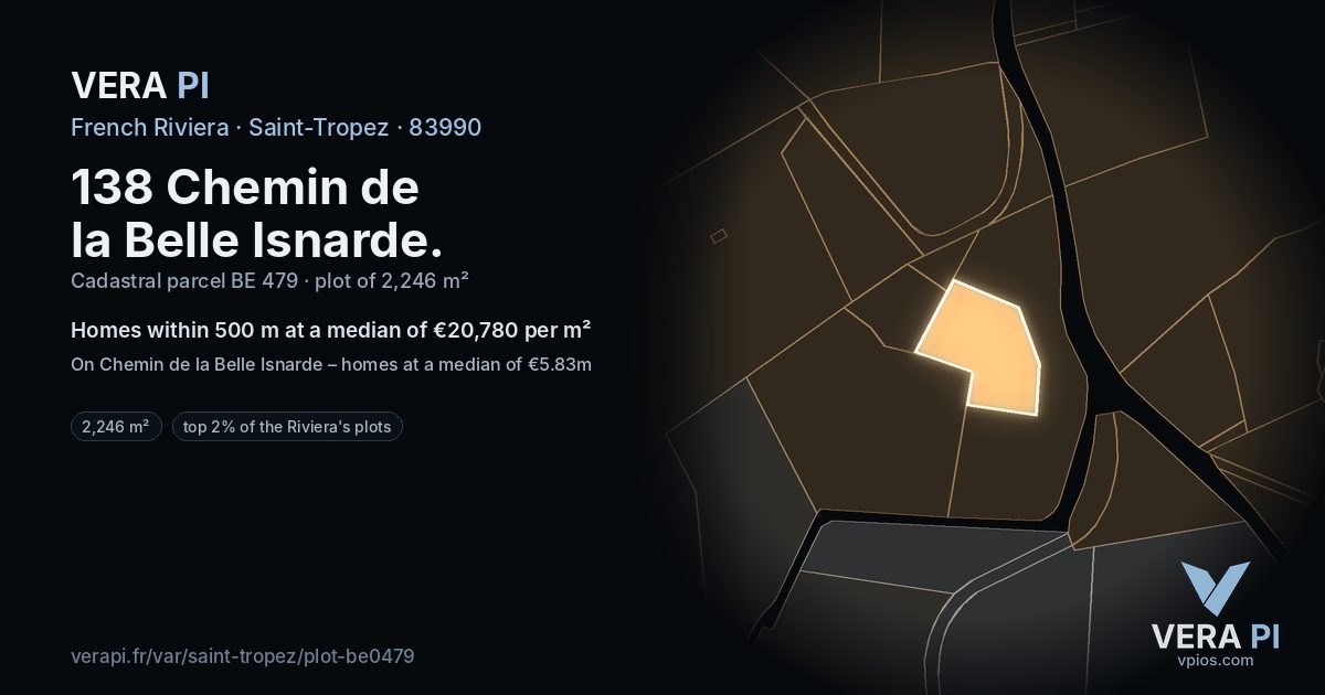 138 Chemin de la Belle Isnarde, Saint-Tropez at night – the plot lit, the parcels around coloured by the prices near them