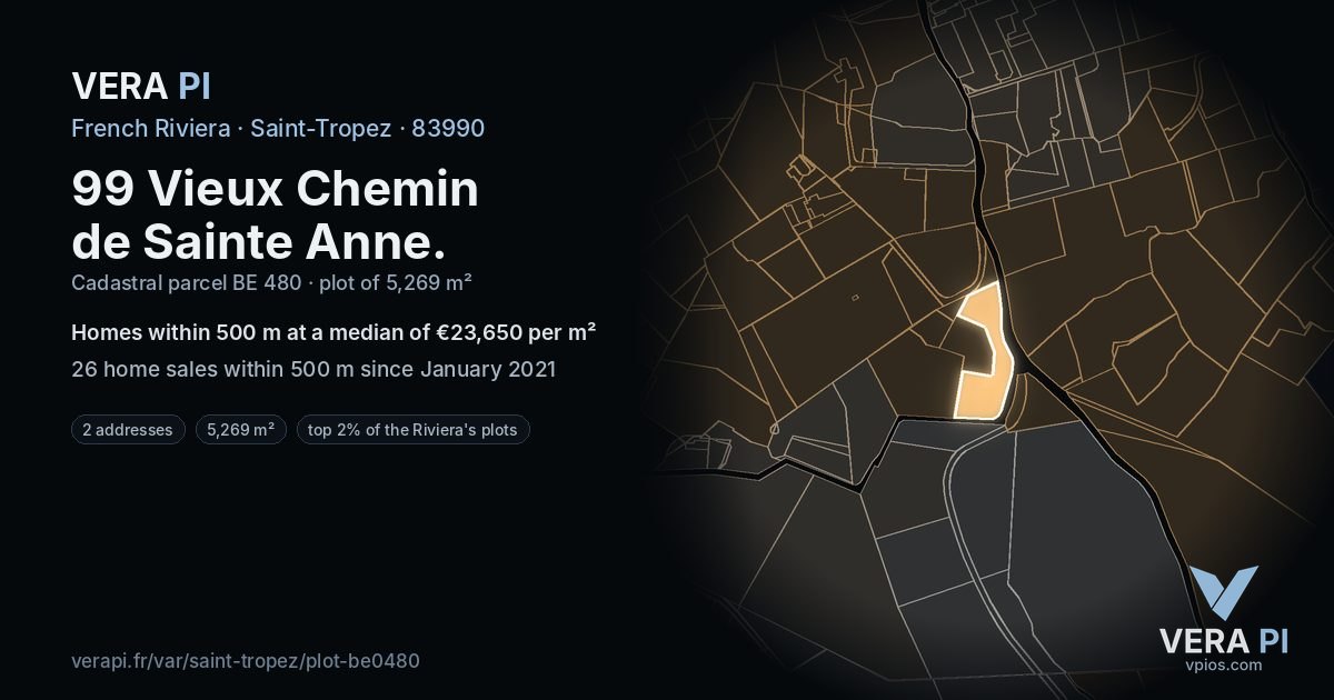 99 Vieux Chemin de Sainte Anne, Saint-Tropez at night – the plot lit, the parcels around coloured by the prices near them