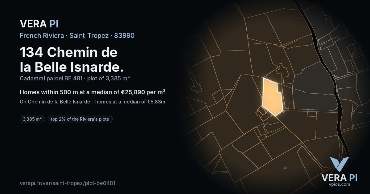 134 Chemin de la Belle Isnarde, Saint-Tropez at night – the plot lit, the parcels around coloured by the prices near them
