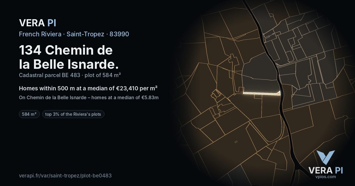 134 Chemin de la Belle Isnarde, Saint-Tropez at night – the plot lit, the parcels around coloured by the prices near them