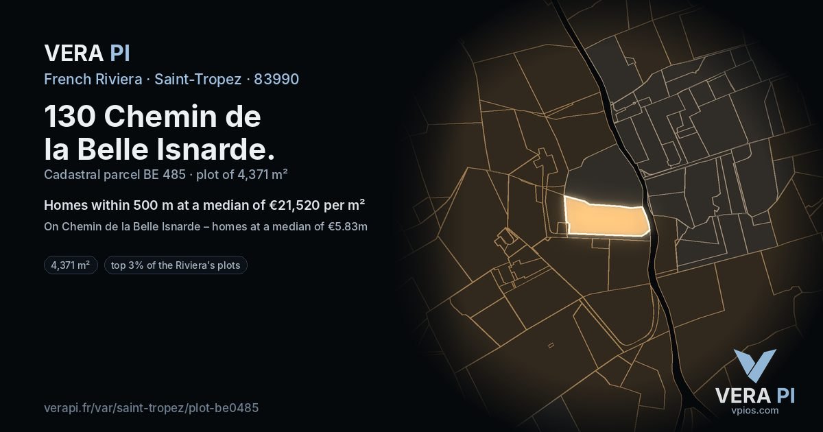 130 Chemin de la Belle Isnarde, Saint-Tropez at night – the plot lit, the parcels around coloured by the prices near them