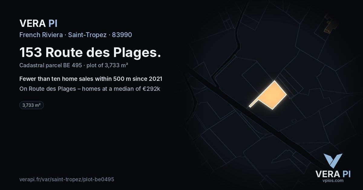 153 Route des Plages, Saint-Tropez at night – the plot lit, the parcels around coloured by the prices near them