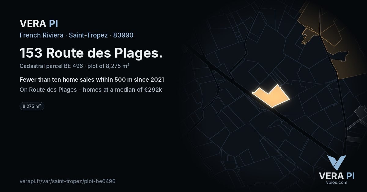 153 Route des Plages, Saint-Tropez at night – the plot lit, the parcels around coloured by the prices near them