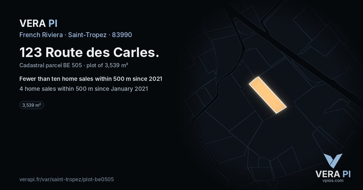 123 Route des Carles, Saint-Tropez at night – the plot lit, the parcels around coloured by the prices near them