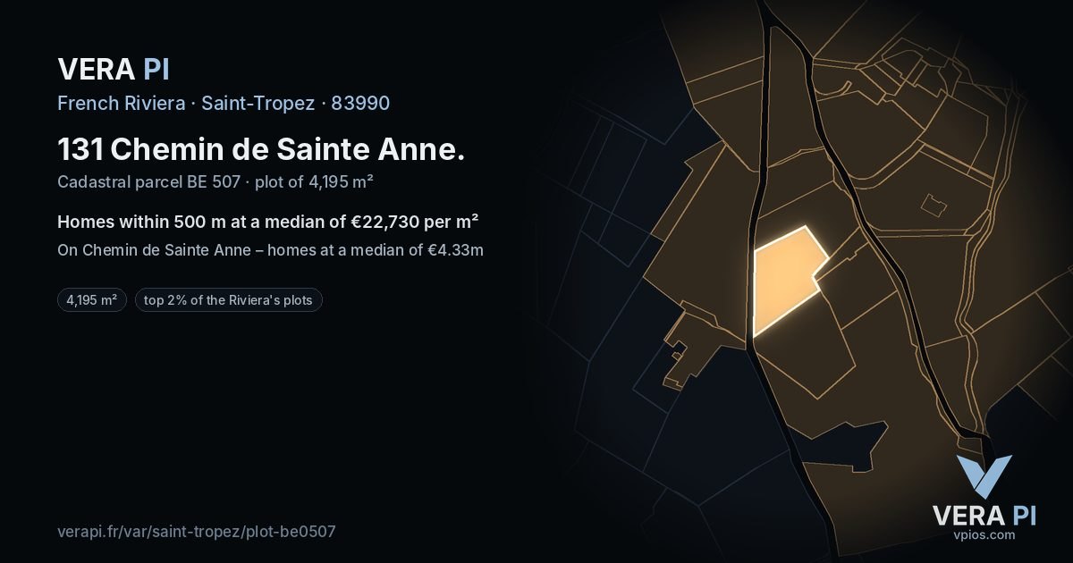131 Chemin de Sainte Anne, Saint-Tropez at night – the plot lit, the parcels around coloured by the prices near them