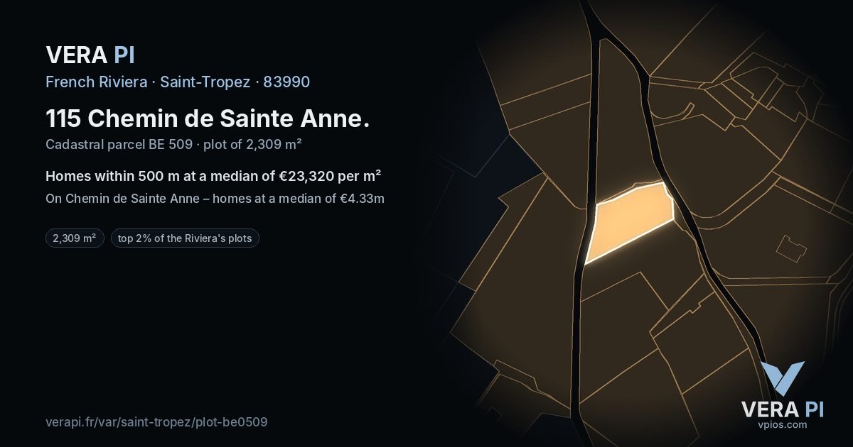 115 Chemin de Sainte Anne, Saint-Tropez at night – the plot lit, the parcels around coloured by the prices near them