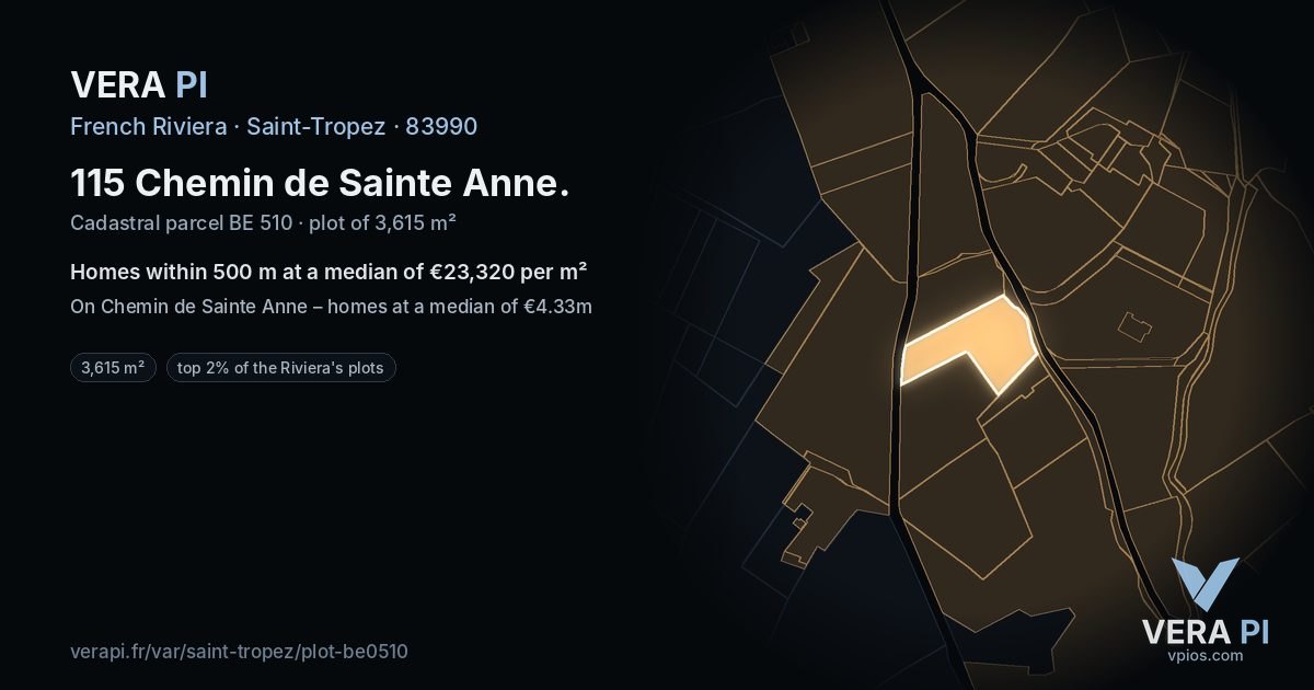 115 Chemin de Sainte Anne, Saint-Tropez at night – the plot lit, the parcels around coloured by the prices near them